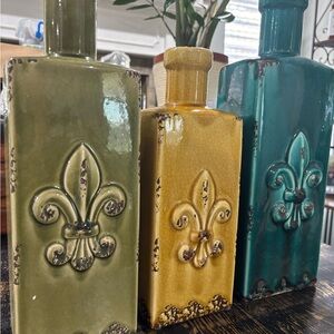 Decorative Fleur-de-Lis Ceramic Bottle Vase - Green/Yellow/Teal